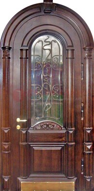Арочная металлическая дверь массив со стеклом и ковкой ДА-50 в Луховицах