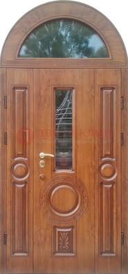 Двустворчатая железная дверь МДФ со стеклом в форме арки ДА-52 в Луховицах