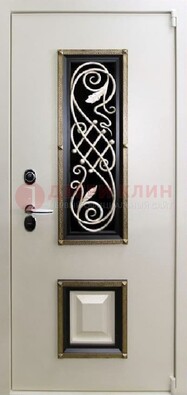 Белая стальная дверь с ковкой со стеклопакетом и МДФ ДК-30 в Луховицах