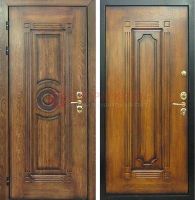 Коричневая металлическая дверь с массивом дуба с рисунком ДМД-10 в Луховицах