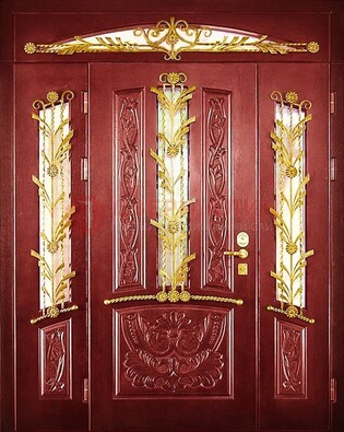 Бордовая железная парадная дверь со стеклом и ковкой ДПР-75 в Луховицах
