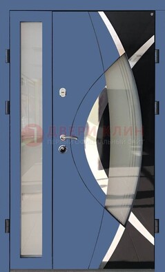 Синяя металлическая дверь со стеклом и узором ДС-13 в Луховицах