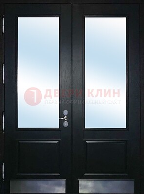 Черная двухстворчатая металлическая дверь со стеклом ДС-25 в Луховицах