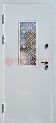 Серая металлическая дверь со стеклом и ковкой ДС-75 в Луховицах