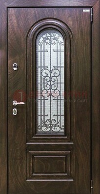 Темная филенчатая железная дверь со стеклом и ковкой ДСК-102 в Луховицах
