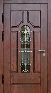 Cтальная дверь со стеклом и ковкой в коричневом цвете ДСК-119 в Луховицах