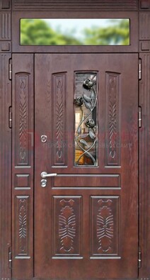 Коричневая железная дверь со стеклом и ковкой на улицу ДСК-127 в Луховицах