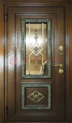 Теплая входная дверь со стеклом и ковкой разноцветной ДСК-13 в Луховицах
