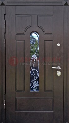 Металлическая дверь со стеклом и ковкой в цвете венге ДСК-142 в Луховицах