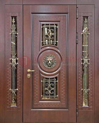 Коричневая стальная дверь со стеклом и ковкой ДСК-147 с фрамугами в Луховицах
