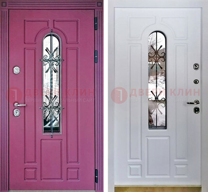 Розовая металлическая дверь со стеклом и ковкой ДСК-151 в Луховицах