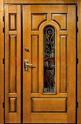 Распашная металлическая дверь со стеклом и ковкой для дома ДСК-152 в Луховицах