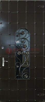 Высокая железная дверь со стеклом и ковкой ДСК-15 в Луховицах