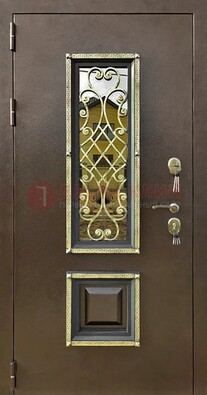 Входная дверь порошок со стеклом и ковкой для коттеджа ДСК-166 в Луховицах