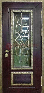 Темная уличная дверь порошок со стеклом и ковкой ДСК-167 в Луховицах