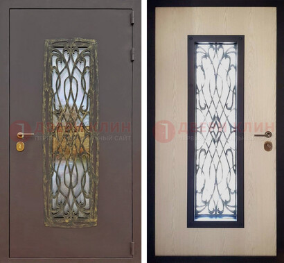 Уличная дверь порошок со стеклом и ковкой ДСК-168 коричневая в Перми