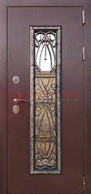 Коричневая стальная дверь порошок со стеклом и ковкой для дома ДСК-169 в Луховицах