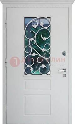 Белая металлическая дверь винорит со стеклом и ковкой ДСК-184 в Луховицах