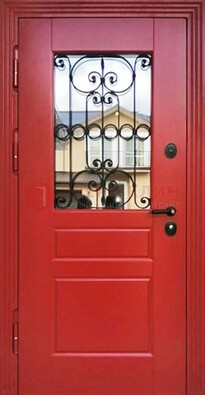 Красная железная дверь Винорит со стеклом и ковкой ДСК-205 в Луховицах