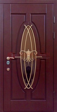 Бордовая стальная дверь Винорит со стеклом и ковкой ДСК-263 в Луховицах