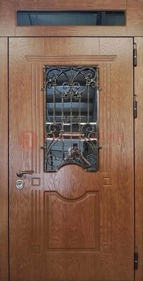 Металлическая входная дверь со стеклом и ковкой для дома ДСК-96 в Луховицах