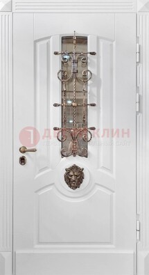Белая металлическая дверь с виноритом и стеклом с ковкой ДВТ-165 в Луховицах