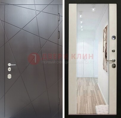 Железная коричневая дверь со светлой МДФ внутри и зеркалом ДЗ-125 в Луховицах