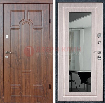 Входная коричневая дверь с МДФ Белый дуб и зеркалом ДЗ-126 в Луховицах