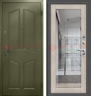 Зеленая стальная дверь с МДФ панелями и зеркалом ДЗ-137 в Луховицах