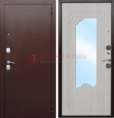Коричневая металлическая дверь с зеркалом МДФ внутри ДЗ-33 в Луховицах