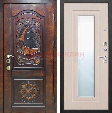 Темная дверь с резьбой и зеркалом внутри ДЗ-49 в Луховицах