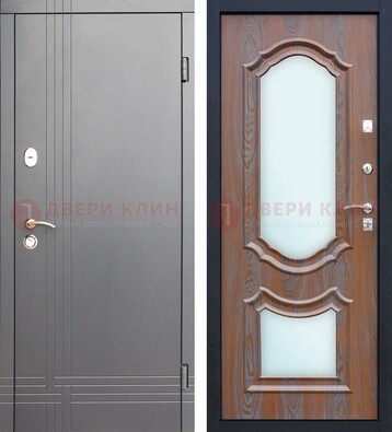 Серая входная дверь со светлой МДФ и зеркалами внутри ДЗ-77 в Луховицах