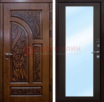 Коричневая входная дверь c узором и виноритом МДФ с зеркалом ДЗ-98 в Луховицах