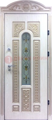 Белая железная дверь с МДФ и витражом ВЖ-26 в Луховицах