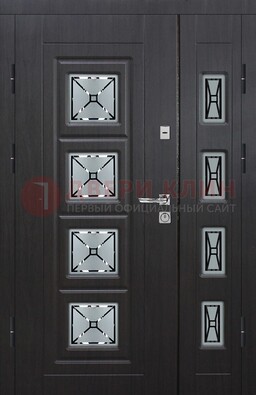 Чёрная двухстворчатая железная дверь с МДФ и витражом ВЖ-35 в Луховицах