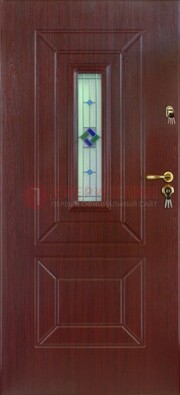 Бордовая железная дверь с витражом и отделкой массив ВЖ-3 в Луховицах