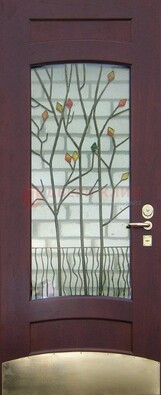 Бордовая стальная дверь с витражом и декоративным элементом ВЖ-3 в Луховицах